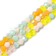 Electroplate Glass Beads Strands, Opaque & Transparent & AB Color Plated, Faceted, Bicone, Yellow, 4x4.5mm, Hole: 0.9mm, about 94~95pcs/strand, 13.86''(35.2cm)(EGLA-D018-02D)
