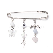 Natural Mixed Gemstone & Acrylic Butterfly & Wing Charms Safety Pin Brooch, Alloy Lapel Pin for Sweater Clasps Pant Waist Extender, Platinum, 71x76x5mm(JEWB-BR00099)