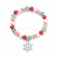 Natural Green Aventurine & Mashan Jade & Shell Pearl Stretch Bracelet with Christmas Snowflake Alloy Charm, Preppy Bracelet for Women, Mixed Color, Inner Diameter: 2-1/8 inch(5.5cm)(BJEW-TA00089)