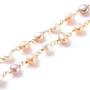 Handmade Cultured Freshwater Pearl Beaded Chains, with Copper Wire, Soldered, Real 18K Gold Plated, 6~10x7~9x4~7mm, 39.37 inch(1m)/strand(AJEW-JB00949-04)