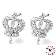 Rhodium Plated 925 Sterling Silver Stud Earring Findings, with Clear Cubic Zirconia, Crown, for Half Drilled Beads, with S925 Stamp, Real Platinum Plated, 12.5x9.5mm, Pin: 11x0.8mm and 0.6mm(STER-M115-14P)