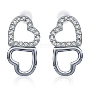 Double Heart Brass Micro Pave Clear Cubic Zirconia Stud Earrings for Women, Platinum(PT4124)