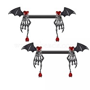 316L Surgical Stainless Steel Ruby Rhineston Nipple Barbells, Black, Skeleton Hand with Wings, 37x21mm(WGA8DED-02)