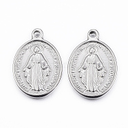 304 Stainless Steel Pendants, Oval with Virgin Mary, Stainless Steel Color, 19.5x13.5x2.5mm, Hole: 1.5mm(STAS-G179-21P)