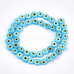 Handmade Evil Eye Lampwork Beads Strands, Flat Round, Sky Blue, 7.5x3mm, Hole: 1mm, about 48pcs/strand, 13.7 inch~14.9 inch(LAMP-S191-02B-14)