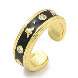 Moth Rack Plating Brass Enamel Open Ring, Cubic Zirconia Cuff Rings for Women, Cadmium Free & Lead Free, Long-Lasting Plated, Real 18K Gold Plated, Black, 7mm, Adjustable(RJEW-F162-08G-01)