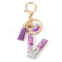 Alloy Resin Heart Keychains, with Lobster Claw Clasps, Golden, with Glitter Powder, Letter V, 99mm(KEYC-TADJ0002-01G-V)