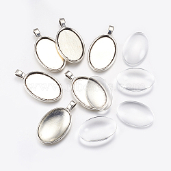 DIY Pendant Making, with Tibetan Style Alloy Pendant Cabochon Settings and Clear Glass Cabochons, Oval, Antique Silver, Pendant: 41.5x23x3mm, Hole: 3.5x6mm, Cabochon: 19.5x30x5mm, 2pcs/set(DIY-X0292-32AS)