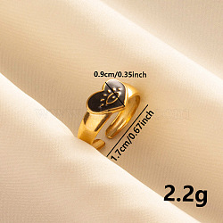 Vintage 304 Stainless Steel Enamel Cuff Ring, Heart with Eye Wide Band Open Ring for Women, Golden, Black(VK8195-3)