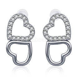 Double Heart Brass Micro Pave Clear Cubic Zirconia Stud Earrings for Women, Platinum(PT4124)