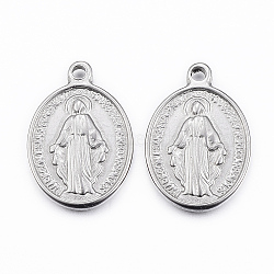 Non-Tarnish 304 Stainless Steel Pendants, Oval with Virgin Mary, Stainless Steel Color, 19.5x13.5x2.5mm, Hole: 1.5mm(STAS-G179-21P)