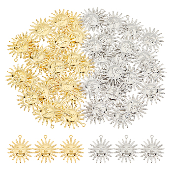 48Pcs 2 Colors Brass Pendants, Sun, Platinum & Golden, 25x22x1mm, Hole: 1.5mm, 24pcs/color