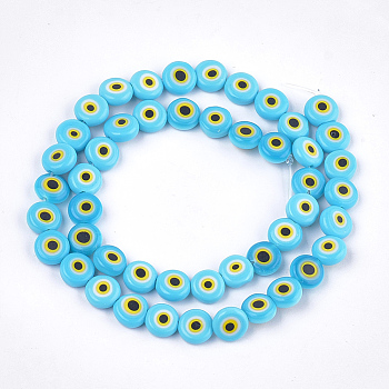 Handmade Evil Eye Lampwork Beads Strands, Flat Round, Sky Blue, 7.5x3mm, Hole: 1mm, about 48pcs/strand, 13.7 inch~14.9 inch