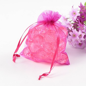 Organza Gift Bags, with Drawstring, Rectangle, Deep Pink, 12x10cm