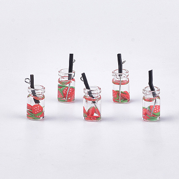 Glass Bottle Pendants, with Resin, Plastic and Iron Findings, Fruit Tea Charms, Platinum, Red, 25~28x10mm, Hole: 1.8mm