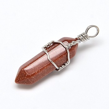 Faceted Bullet Goldstone Double Terminated Pointed Pendants, with Platinum Tone Brass Findings, 39~44x10~12mm, Hole: 3.5mm