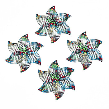 430 Stainless Steel Pendants, Spray Painted, Etched Metal Embellishments, Flower with Flower Pattern, Dark Turquoise, 45x41x0.3mm, Hole: 1.5mm