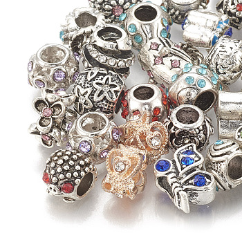 Alloy European Beads, Large Hole Beads, with Rhinestone, Mixed Shape, Mixed Color, 10~16x9~11x6~11mm, Hole: 4~5mm