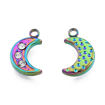 304 Stainless Steel Charms, with Crystal Rhinestone, Moon, Rainbow Color, 12x7.5x2mm, Hole: 1.5mm