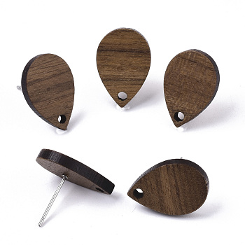 Walnut Wood Stud Earring Findings, with 304 Stainless Steel Pin, Teardrop, Coconut Brown, 17x11.5mm, Hole: 1.6mm, Pin: 0.7mm