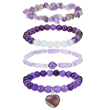 4Pcs 4 Style Natural Amethyst Beaded Stretch Bracelets Set, Stackable Bracelets with Heart Charms, Inner Diameter: 2-1/8~2-1/4 inch(5.3~5.7cm), 1Pc/style