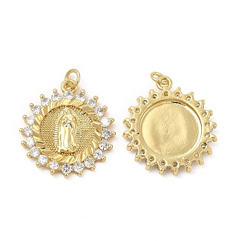 Brass Micro Pave Cubic Zirconia Pendants, with Jump Ring, Flower with Religion Virgin Mary Charm, Golden, 25.5x23x3mm, Hole: 3.3mm