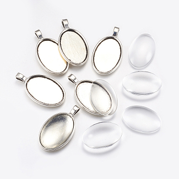 DIY Pendant Making, with Tibetan Style Alloy Pendant Cabochon Settings and Clear Glass Cabochons, Oval, Antique Silver, Pendant: 41.5x23x3mm, Hole: 3.5x6mm, Cabochon: 19.5x30x5mm, 2pcs/set