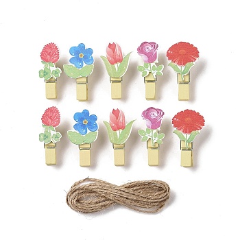 Flower Theme Wooden & Iron Clothes Pins, with Hemp Rope for Hanging Note, Photo, Clothes, Office School Supplies, Mixed Color, Clip: 39~40x16~23x11~12.5mm, 10pcs, Rope: 1400~1450x1.5mm, 1 bundle