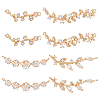 8Pcs 4 Styles Brass Pave Clear Cubic Zirconia Connector Charms, Olive Branch Links, Light Gold, 7~10x23.5~35x2~4mm, Hole: 0.8~1.2mm, 2pcs/style