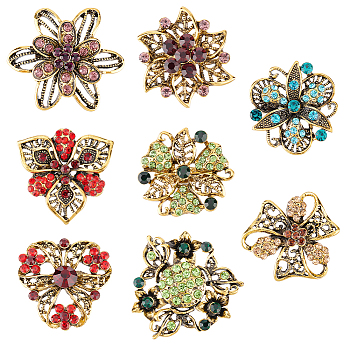 Elite 8Pcs 8 Style Rhinestone Flower Safety Pin Brooch, Antique Golden Plated Alloy Badge for Backpack Clothes, Mixed Color, 30~37x30.5~38x8~13mm, Pin: 0.6mm, 1pcs/style