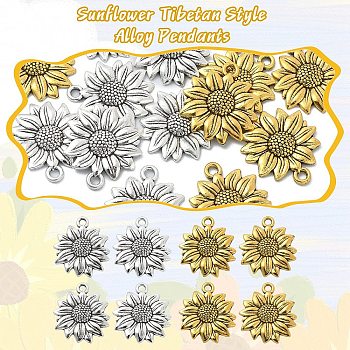 10PCS 2Colors Sunflower Tibetan Style Alloy Pendants, Mixed Color, 21.5x19x2.5mm, Hole: 1.8mm, 5pcs/color