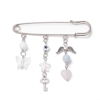 Natural Mixed Gemstone & Acrylic Butterfly & Wing Charms Safety Pin Brooch, Alloy Lapel Pin for Sweater Clasps Pant Waist Extender, Platinum, 71x76x5mm