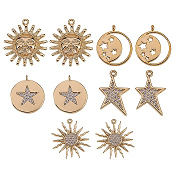 10Pcs 5 Style Brass Micro Pave Clear Cubic Zirconia Pendants, Nickel Free, Mixed Shapes, Real 18K Gold Plated, 2pcs/style