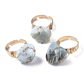 Adjustable Natural Aquamarine Finger Rings, with Light Gold Brass Findings, Nuggets, US Size 8 1/4(18.3mm)