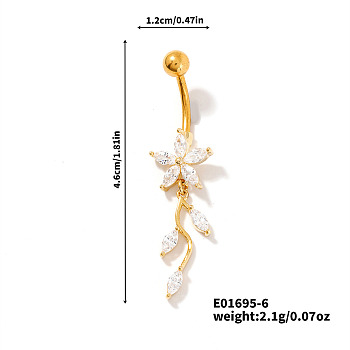 Shiny Brass Crystal Rhinestone Belly Button Rings, Piercing Navel Rings, Barbell Body Jewelry for Women, Flower, 46x12mm