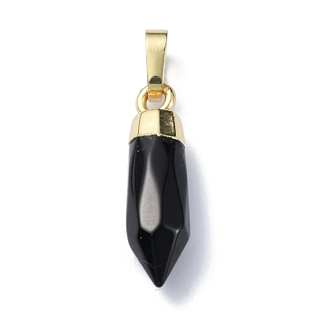 Natural Black Onyx(Dyed & Heated) Pendants, Faceted Cone Charms with Rack Plating Golden Plated Brass Snap on Bails, Cadmium Free & Lead Free, 21x6mm, Hole: 3.5x6mm