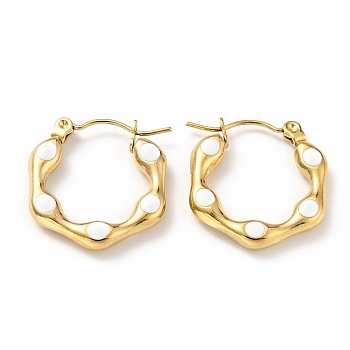 Ion Plating(IP) 304 Stainless Steel Hexagon Hoop Earrings with Enamel for Women, Golden, White, 20x19x3mm, Pin: 0.8mm
