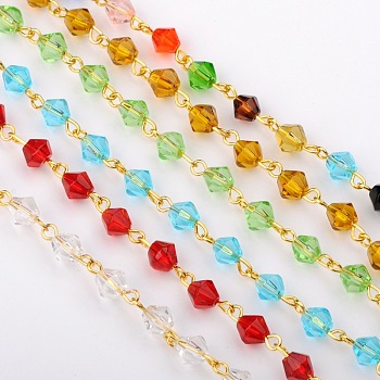 Handmade Bicone Glass Beads Chains for Necklaces Bracelets Making, with Golden Iron Eye Pin, Unwelded, Mixed Color, 39.3 inch, Beads: 6mm