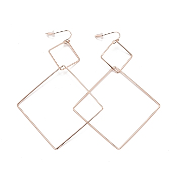 Ion Plating(IP) Rhombus 304 Stainless Steel Dangle Earrings for Women, Rose Gold, 108.5x69x1.8mm, Pin: 0.6mm