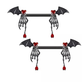 316L Surgical Stainless Steel Ruby Rhineston Nipple Barbells, Black, Skeleton Hand with Wings, 37x21mm