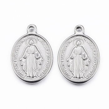 304 Stainless Steel Pendants, Oval with Virgin Mary, Stainless Steel Color, 19.5x13.5x2.5mm, Hole: 1.5mm