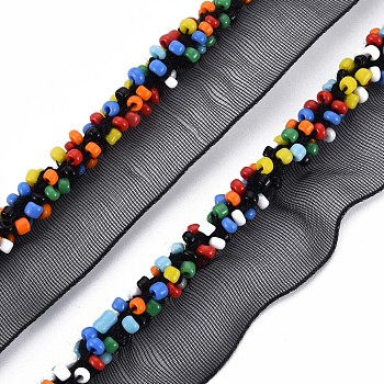 Organza Ribbon, with Glass Seed Beads, Garment Accessories, Black, 16~19mm