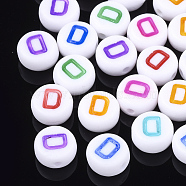 Initial Acrylic Beads, Horizontal Hole, Flat Round, Mixed Color, Letter.D, 7x3.5~4mm, Hole: 1.2mm, about 3700pcs/500g(OACR-E001-20D)