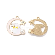 Alloy Enamel Pendants, with ABS Imitation Imitation Pearls and Rhinestone, Golden, Moon with Rabbit, Pink, 33.5x30.5x9mm, Hole: 2.5mm(ENAM-D046-40G-02)