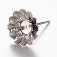 201 Stainless Steel Stud Earring Settings, with 304 Stainless Steel Pins, Flower, Stainless Steel Color, Tray: 4mm, 10x1mm, Pin: 0.7mm(STAS-G073-67P)