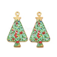 Christmas Theme Rack Plating Alloy Pendants, with Enamel, Golden, Christmas Trees Charm, Lime Green, 31x17x1.5mm, Hole: 1.8mm(FIND-M020-02B-G)