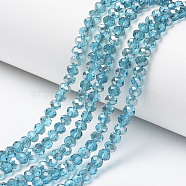 Electroplate Transparent Glass Beads Strands, Half Gray Plated, Faceted, Rondelle, Cyan, 6x5mm, Hole: 1mm, about 85~88pcs/strand, 16.1~16.5 inch(41~42cm)(EGLA-A034-T6mm-E11)