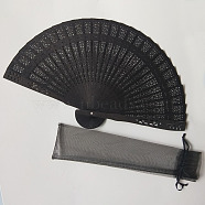 Wooden Folding Fan, Vintage Wooden Fan, with Organza Bag, for Party Wedding Dancing Decoration, Black, 200mm, Open Diameter: 330mm(WOCR-PW0001-092E)