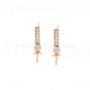 Brass Micro Pave Clear Cubic Zirconia Stud Earring Findings, for Half Drilled Beads, Nickel Free, Rectangle, Real 18K Gold Plated, 15.5x3.5mm, Pin: 0.6mm, pin: 0.8mm(for half drilled beads)(KK-S364-049)