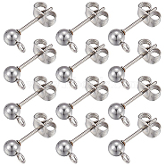 40Pcs 304 Stainless Steel Ball Post Stud Earring Findings, with Horizontal Loop and 316 Surgical Stainless Steel Pin, with 40Pcs 201 Stainless Steel Ear Nuts, Stainless Steel Color, 15x7x4mm, Hole: 1.8mm, Pin: 0.7mm(STAS-SC0005-26)